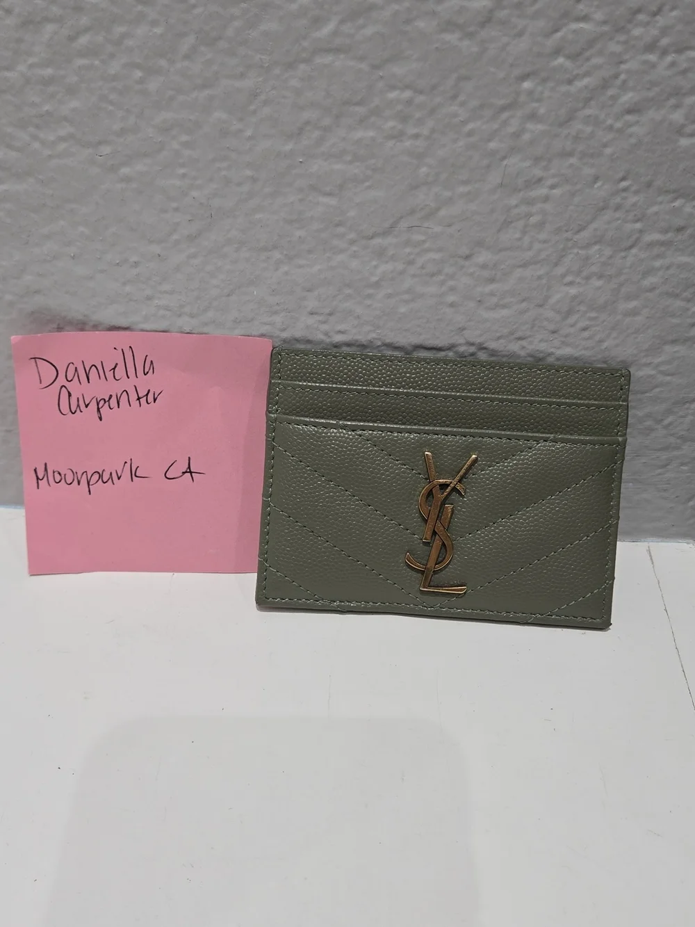 Saint Laurent Olive Green Quilted Card Holder with Gold YSL Logo - Picture 2 of 5